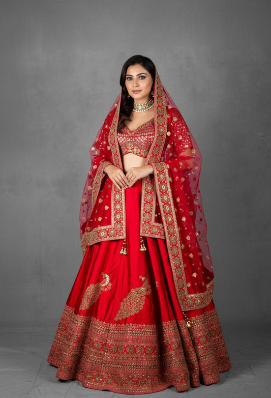 Regal Red Raw Silk Bridal Lehenga with Handcrafted Zardosi & Mirror Embroidery