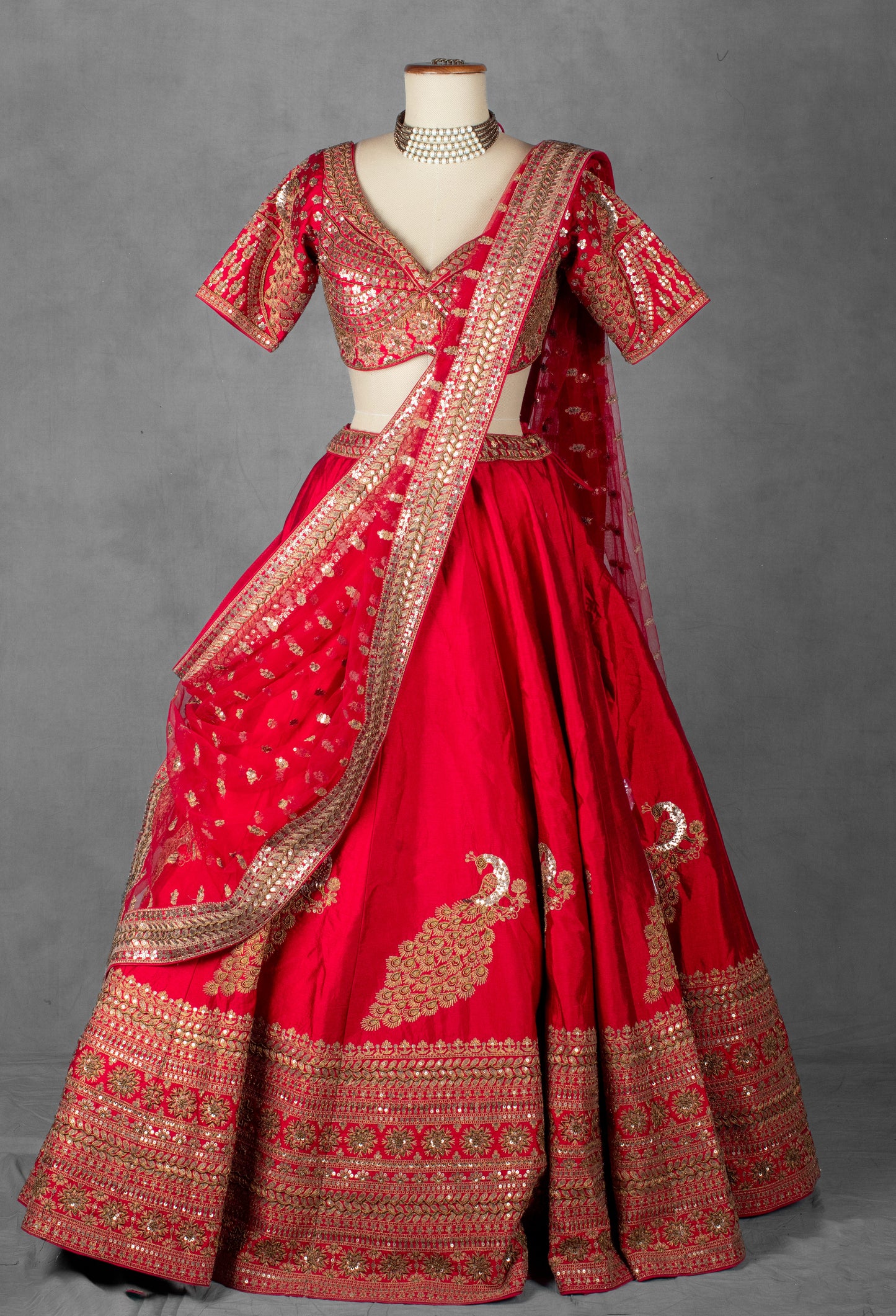 Regal Red Raw Silk Bridal Lehenga with Handcrafted Zardosi & Mirror Embroidery