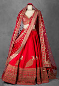 Regal Red Raw Silk Bridal Lehenga with Handcrafted Zardosi & Mirror Embroidery