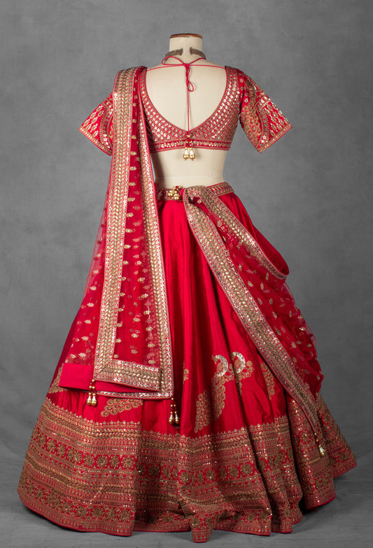 Regal red raw silk bridal lehenga with zardosi and mirror embroidery – product image 2