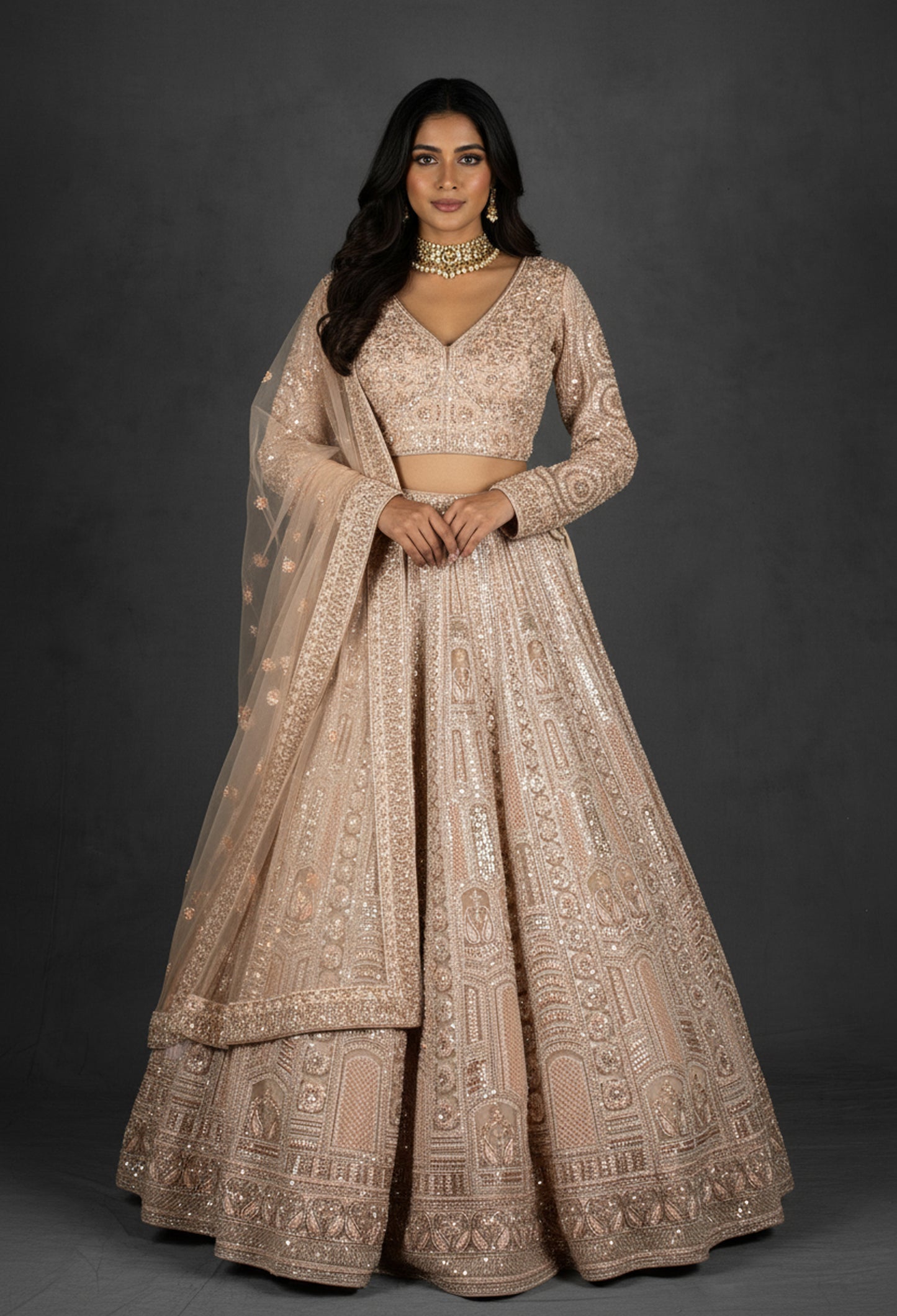 Champagne Nude Heavily Embroidered Sequin Lehenga with Full-Sleeve Blouse and Net Dupatta