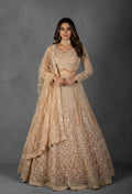 Golden Beige Hand-Embroidered Sequin and Pearl Lehenga with Full-Sleeve Blouse and Net Dupatta