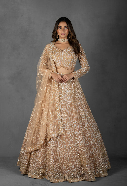 Golden Beige Hand-Embroidered Sequin and Pearl Lehenga with Full-Sleeve Blouse and Net Dupatta