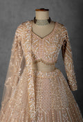 Golden Beige Hand-Embroidered Sequin and Pearl Lehenga with Full-Sleeve Blouse and Net Dupatta