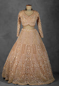 Golden Beige Hand-Embroidered Sequin and Pearl Lehenga with Full-Sleeve Blouse and Net Dupatta