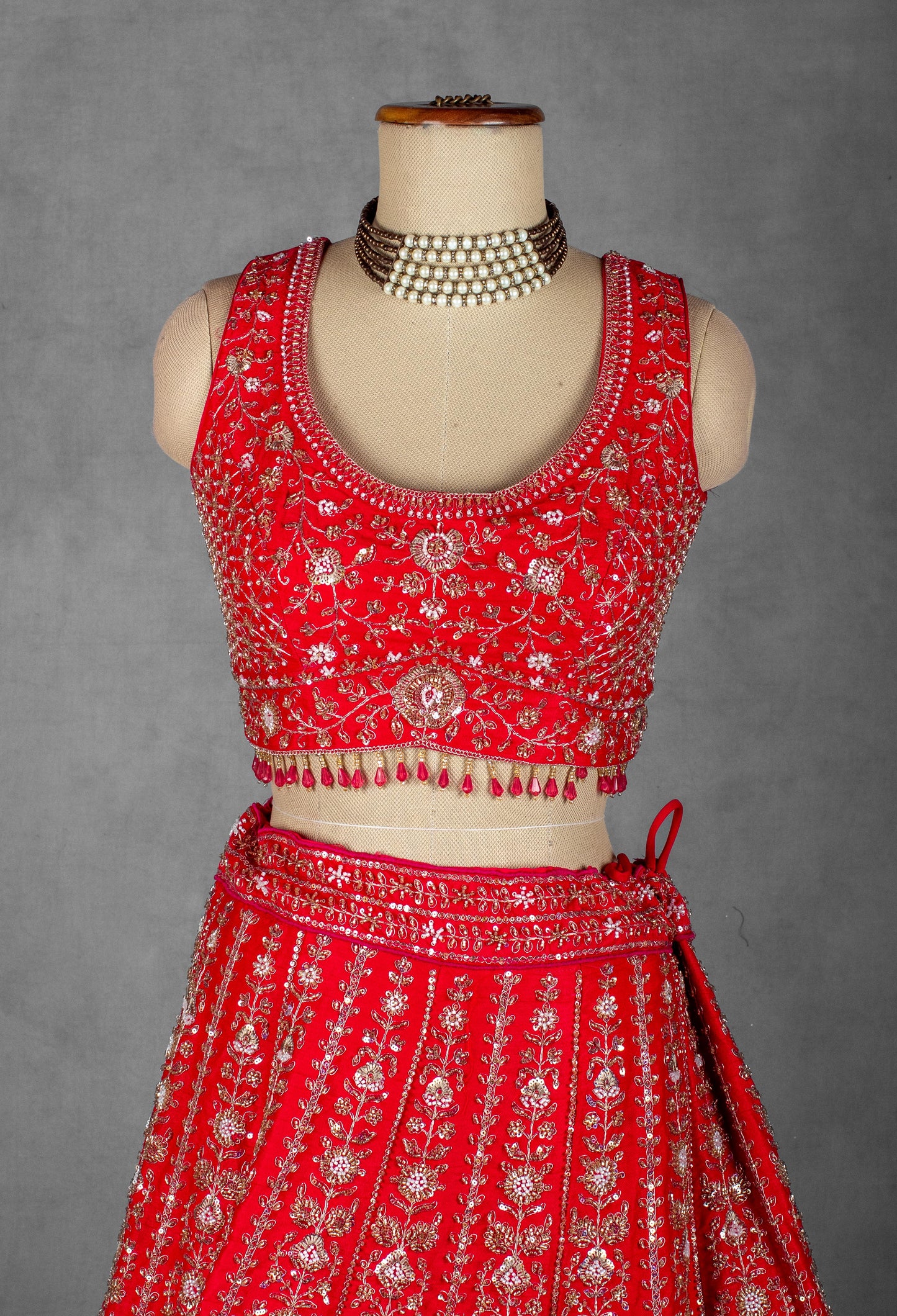 Crimson Red Handcrafted Bridal Lehenga with Heavy Zardosi and Sequin Embroidery