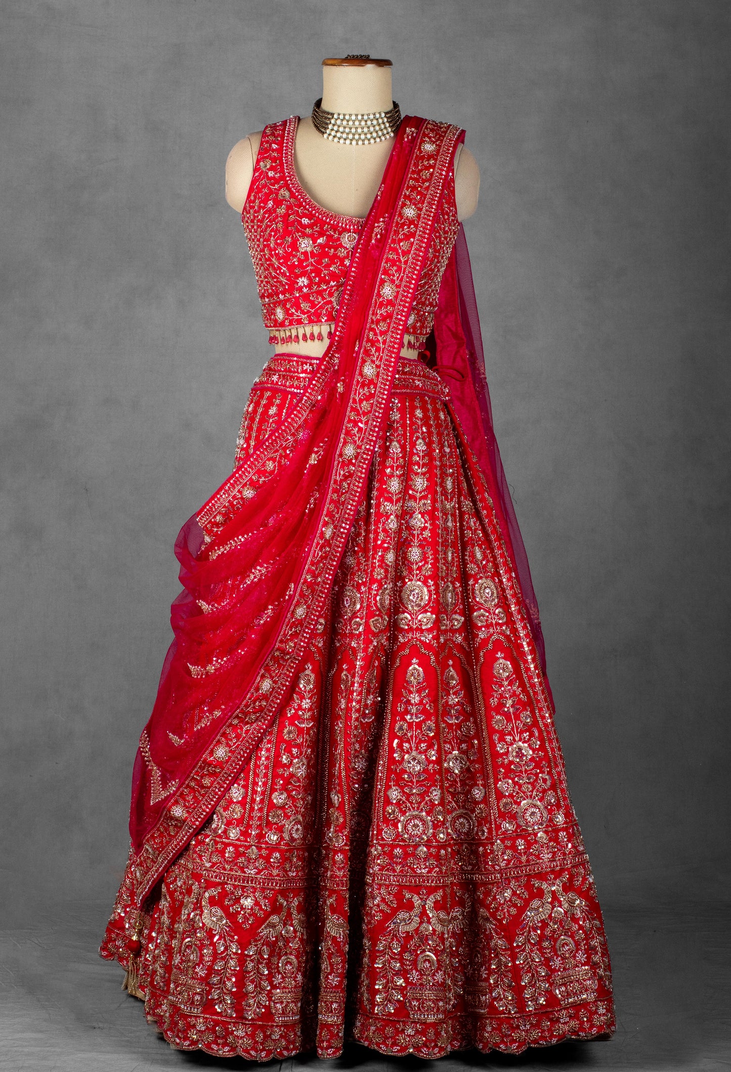 Crimson Red Handcrafted Bridal Lehenga with Heavy Zardosi and Sequin Embroidery
