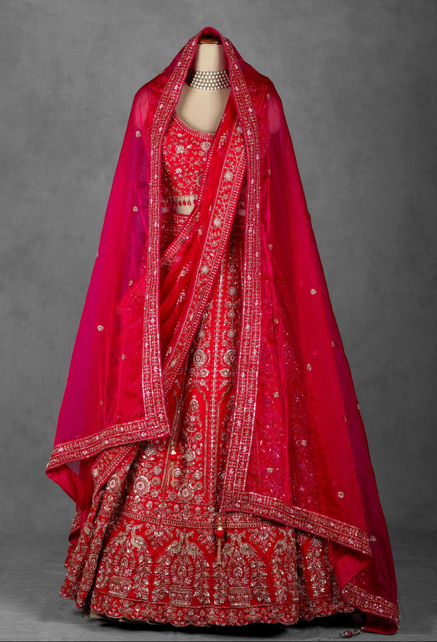 Crimson Red Handcrafted Bridal Lehenga with Heavy Zardosi and Sequin Embroidery