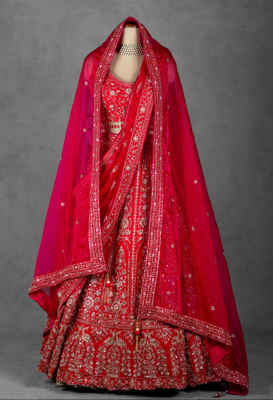 Crimson Red Handcrafted Bridal Lehenga with Heavy Zardosi and Sequin Embroidery
