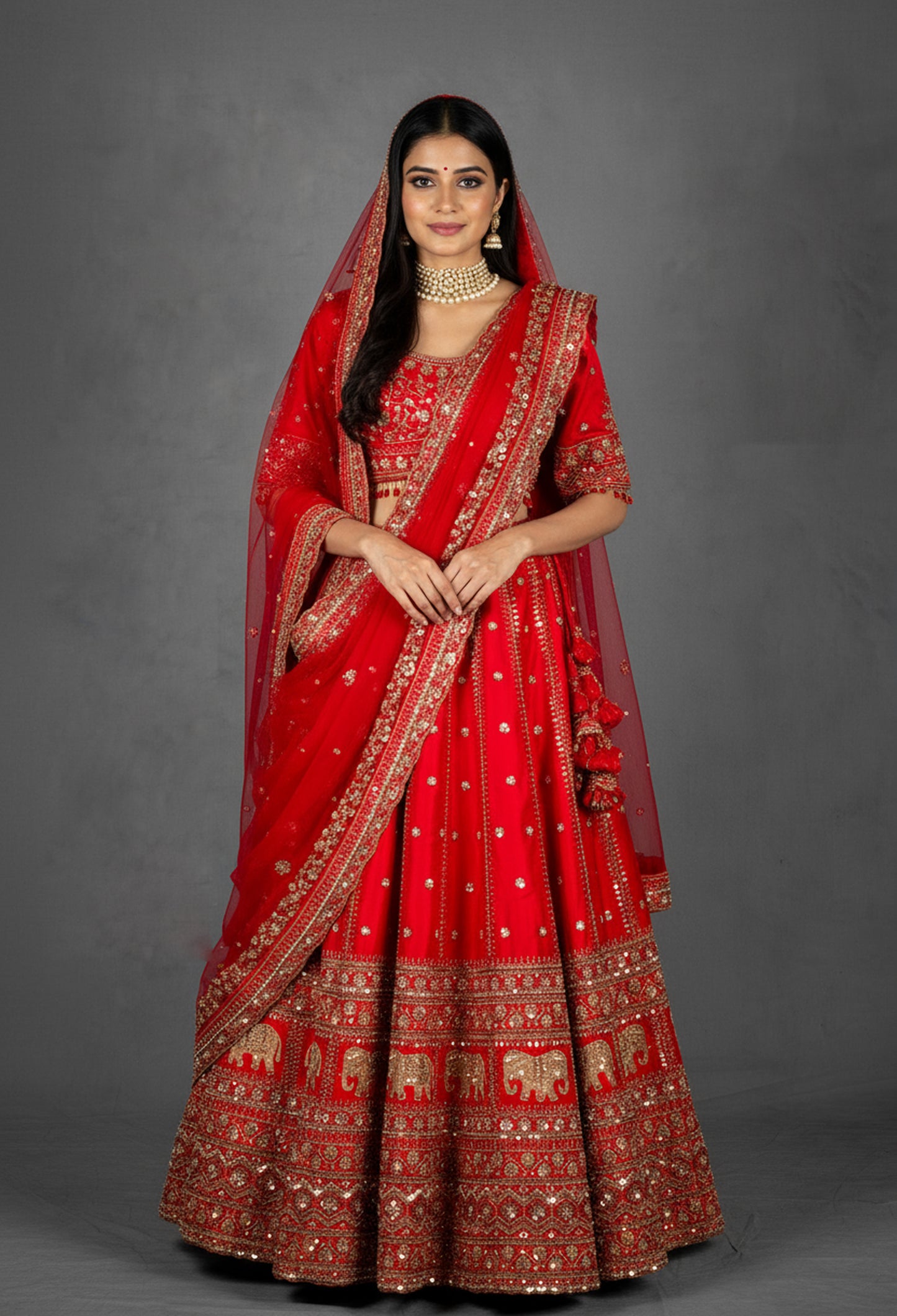 Royal Red Handcrafted Bridal Lehenga with Zardosi, Sequin & Elephant Motif Embroidery