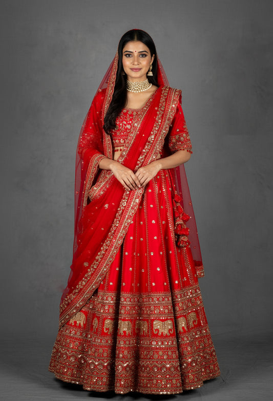 Royal Red Handcrafted Bridal Lehenga with Zardosi, Sequin & Elephant Motif Embroidery