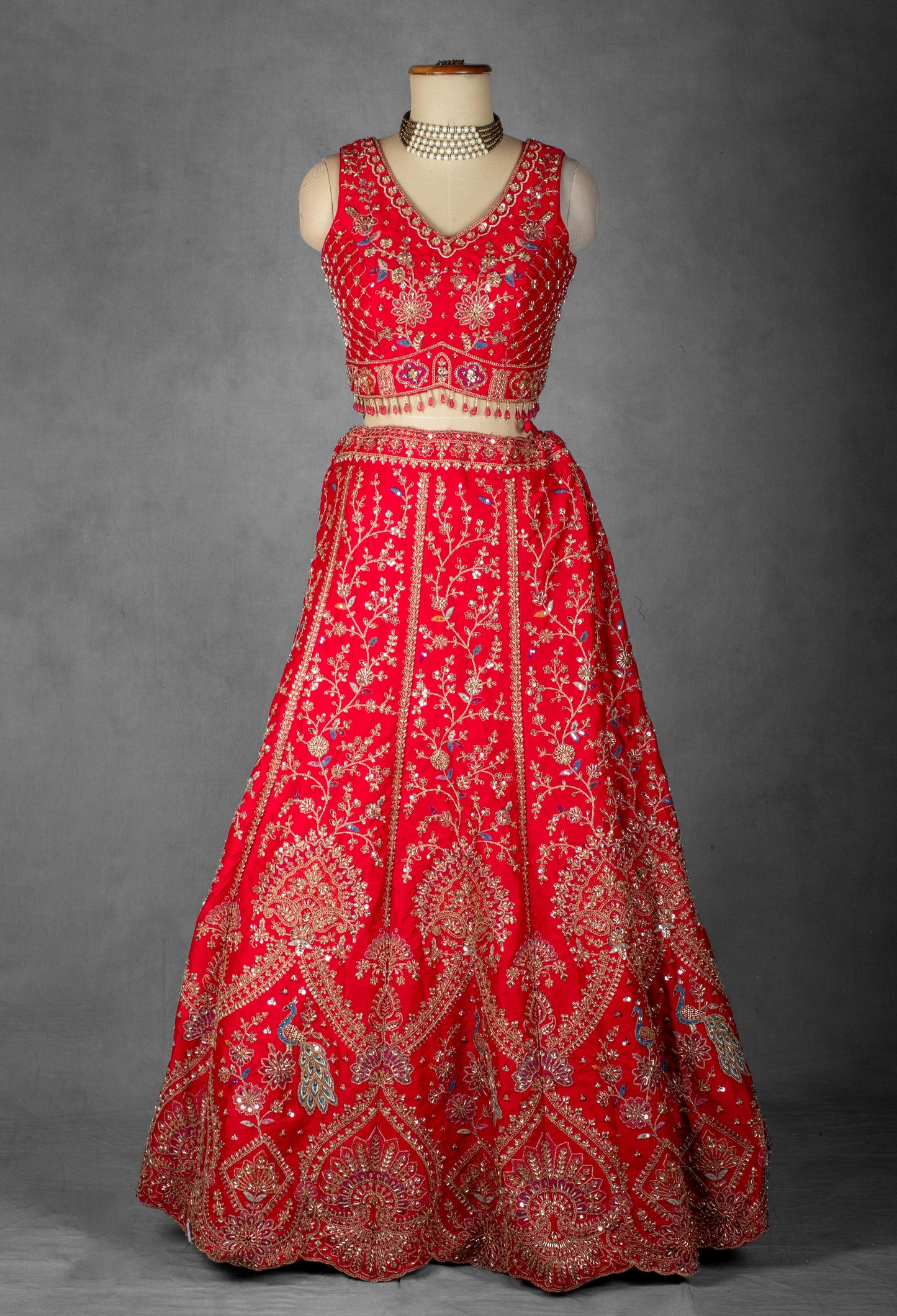 Red Embroidered Bridal Lehenga with Golden Zardosi and Threadwork