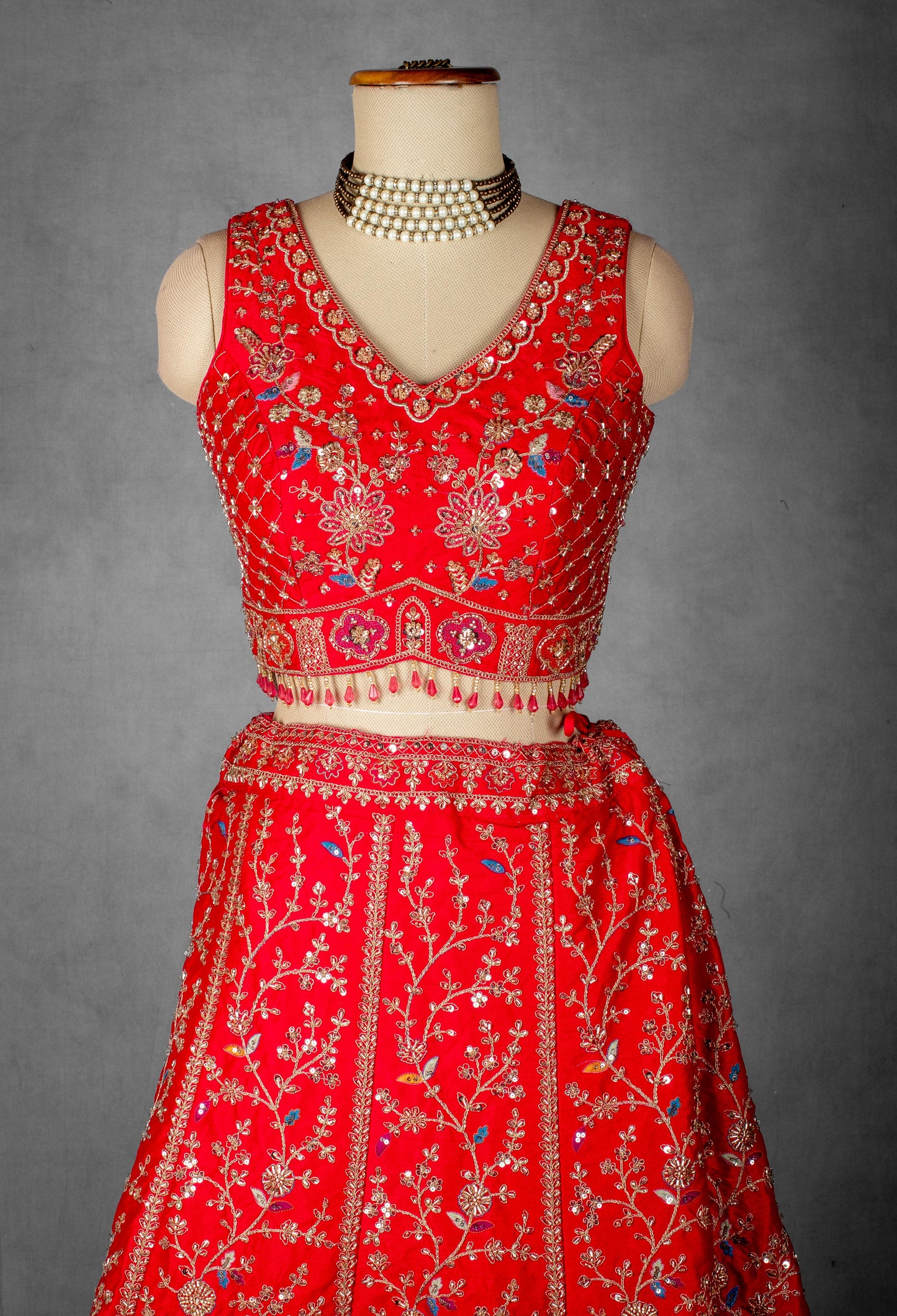 Red Embroidered Bridal Lehenga with Golden Zardosi and Threadwork