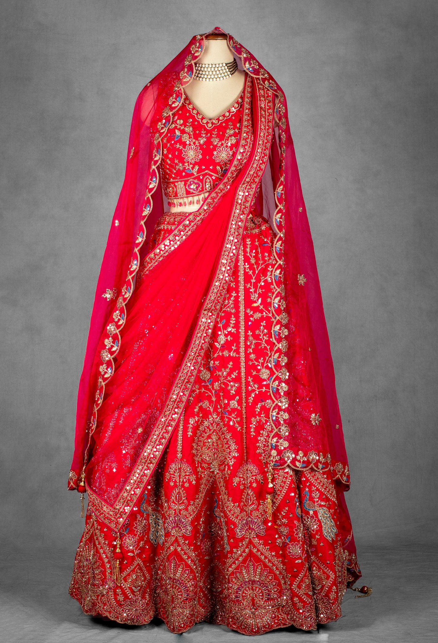 Red Embroidered Bridal Lehenga with Golden Zardosi and Threadwork