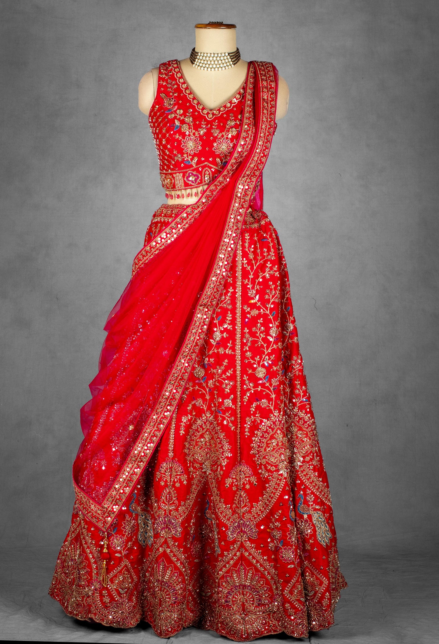 Red Embroidered Bridal Lehenga with Golden Zardosi and Threadwork