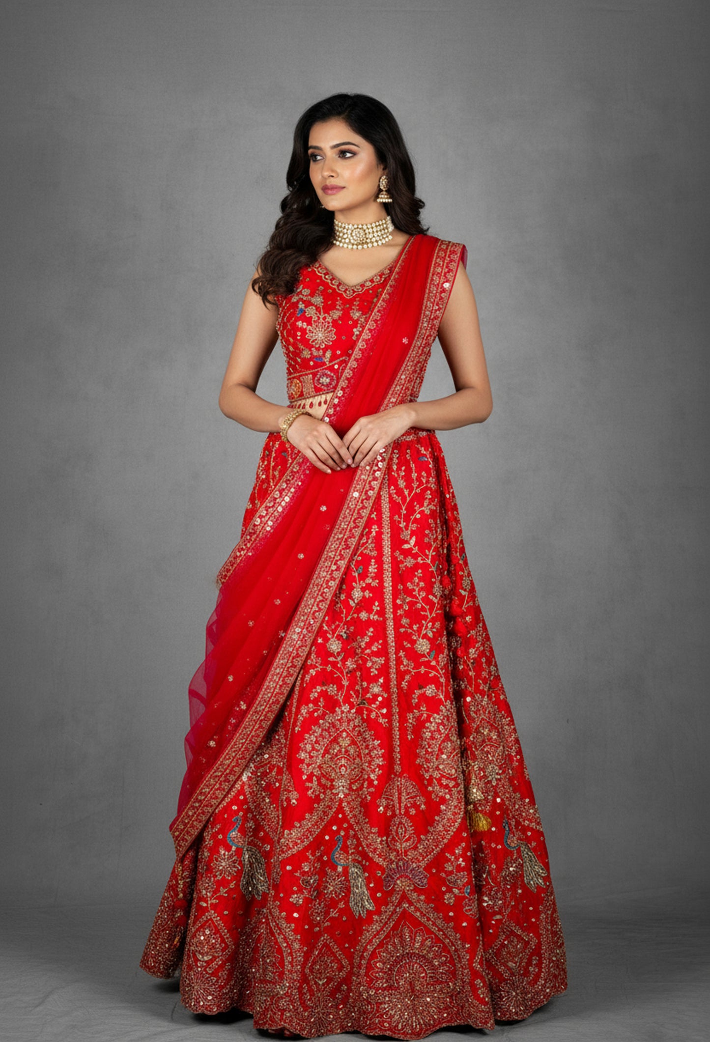 Red Embroidered Bridal Lehenga with Golden Zardosi and Threadwork