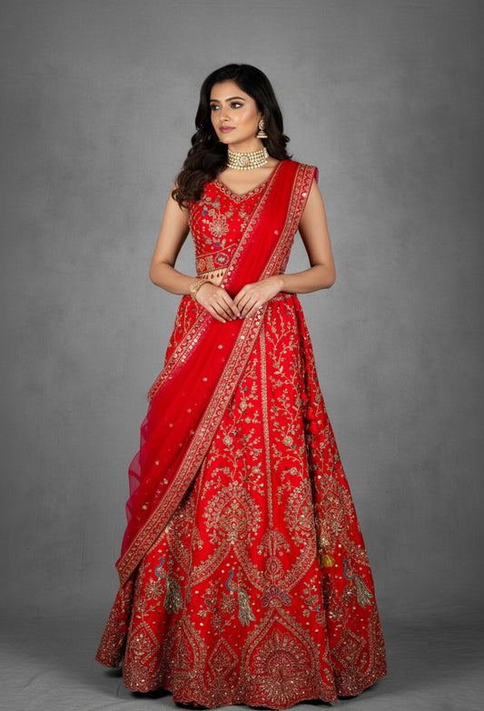 Red Embroidered Bridal Lehenga with Golden Zardosi and Threadwork