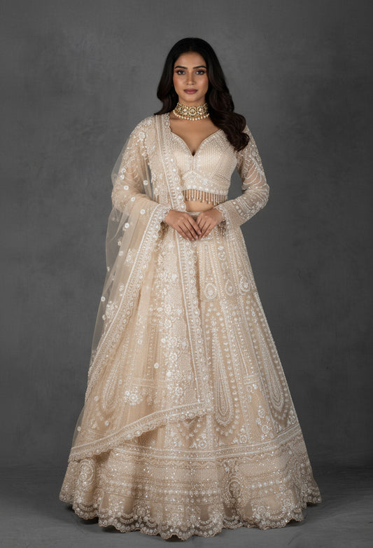 Ivory Embellished Bridal Lehenga with Crystal and Sequin Handwork