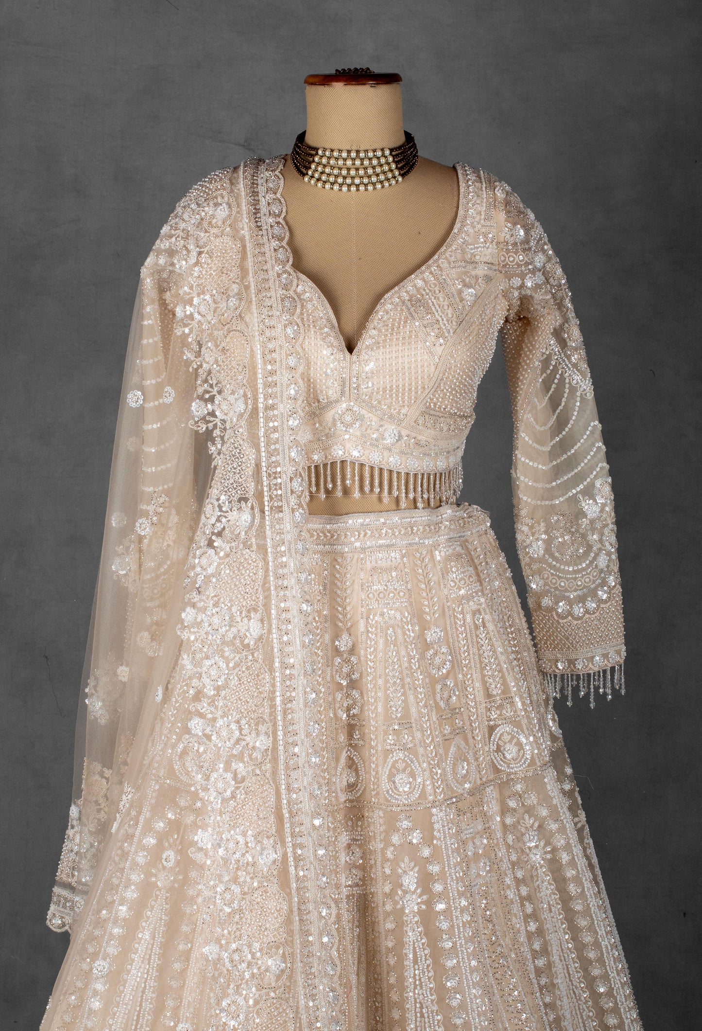 Ivory Embellished Bridal Lehenga with Crystal and Sequin Handwork
