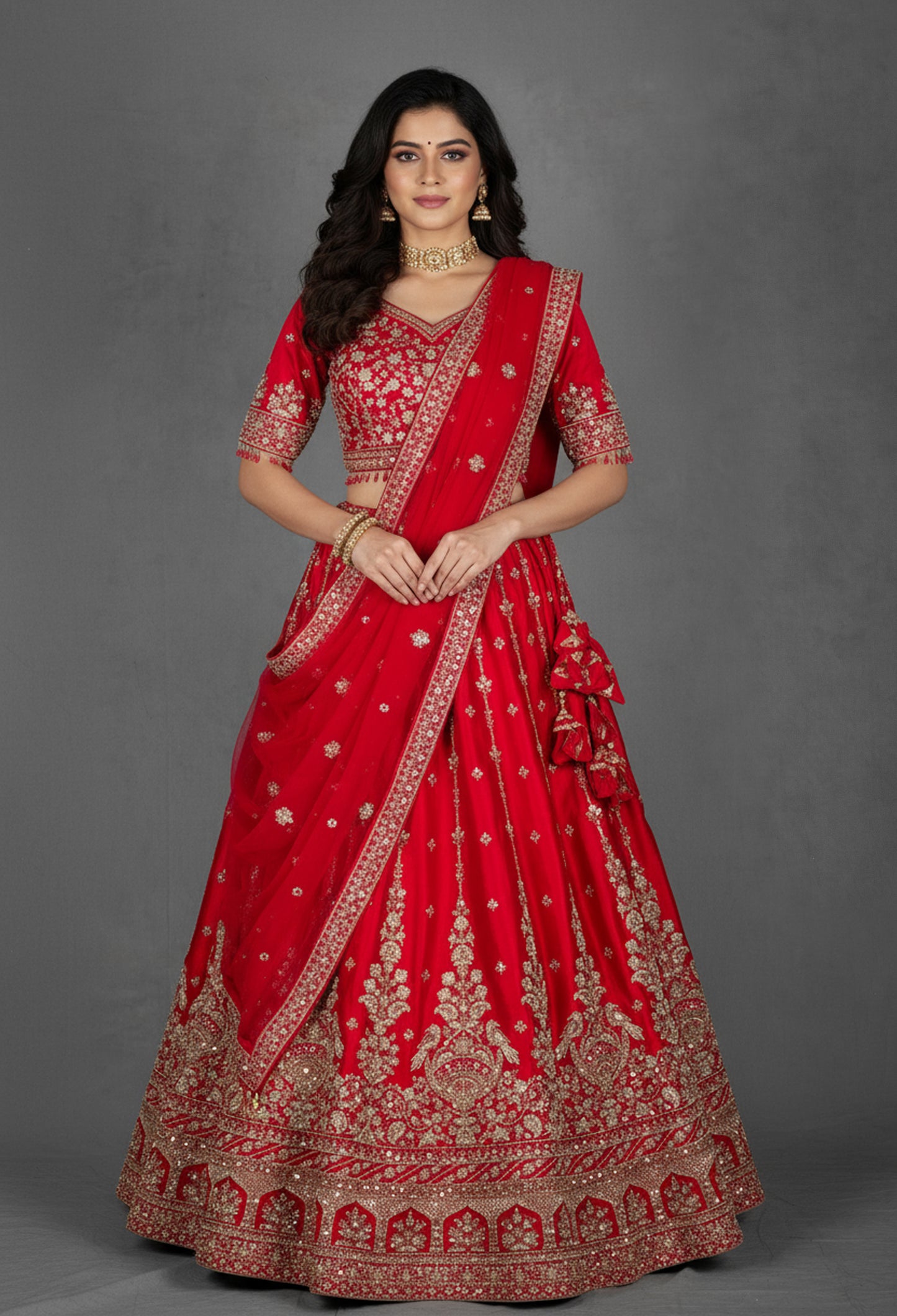Classic Red Hand-Embroidered Bridal Lehenga with Zardosi and Sequin Detailing