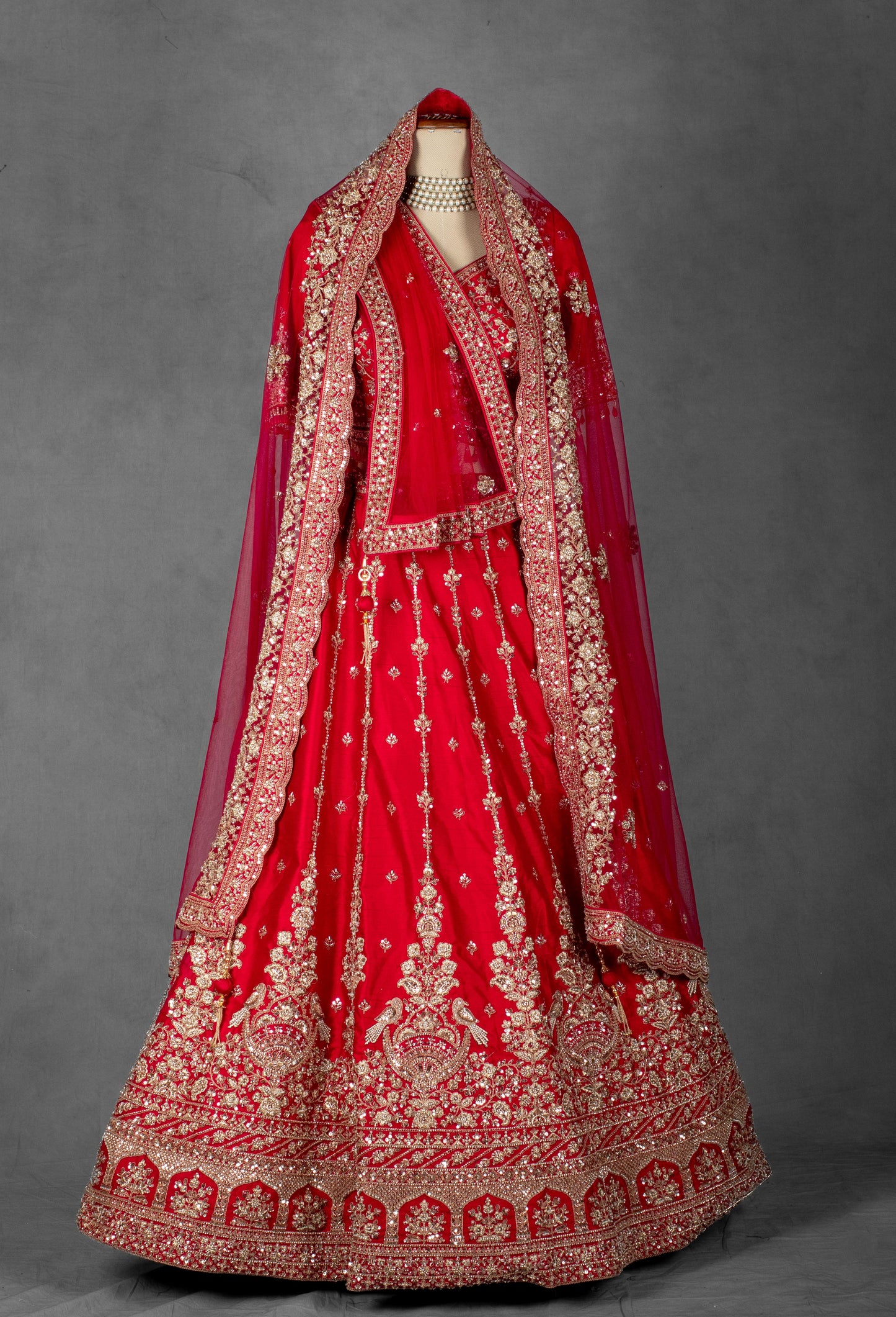 Classic Red Hand-Embroidered Bridal Lehenga with Zardosi and Sequin Detailing