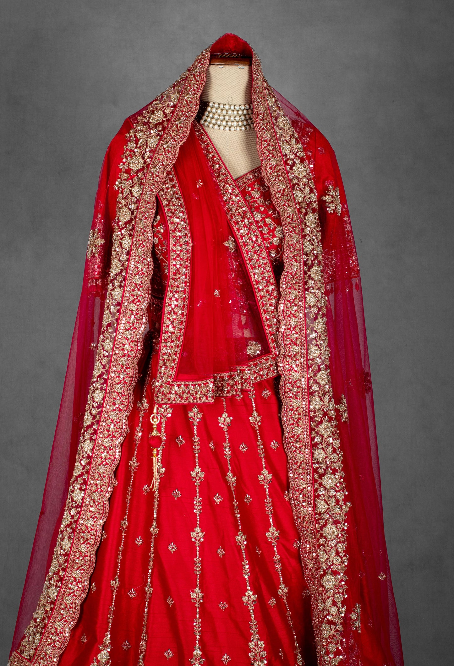 Classic Red Hand-Embroidered Bridal Lehenga with Zardosi and Sequin Detailing