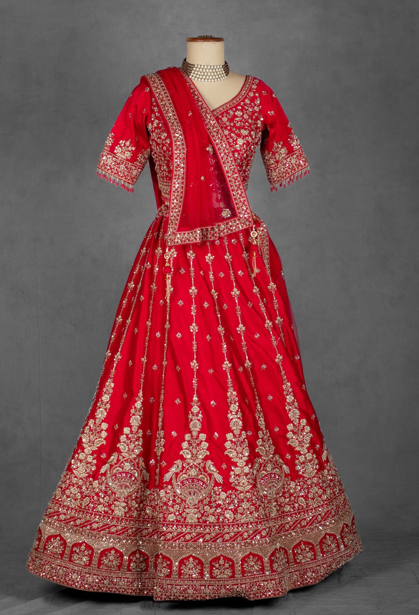 Classic Red Hand-Embroidered Bridal Lehenga with Zardosi and Sequin Detailing