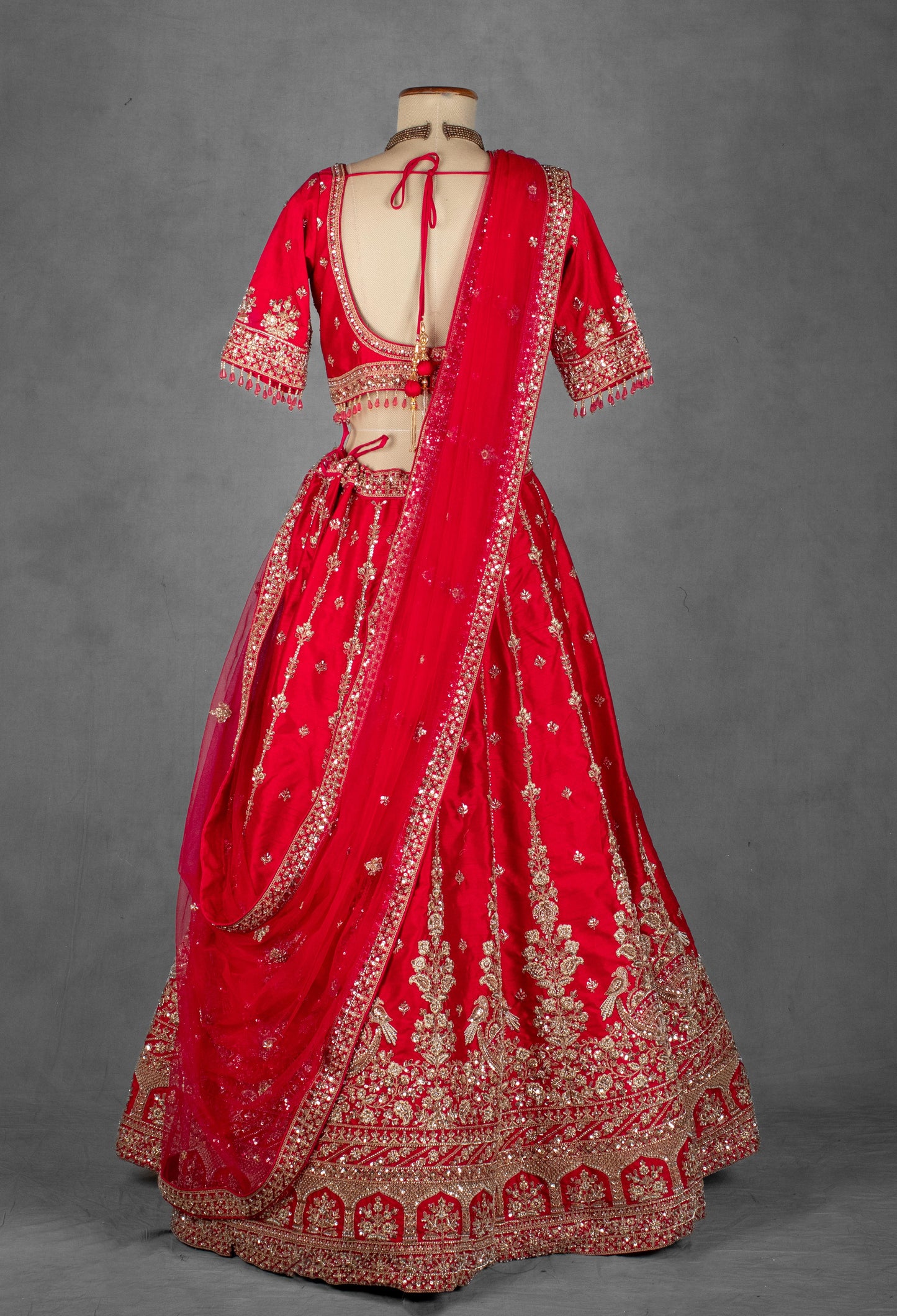 Classic Red Hand-Embroidered Bridal Lehenga with Zardosi and Sequin Detailing