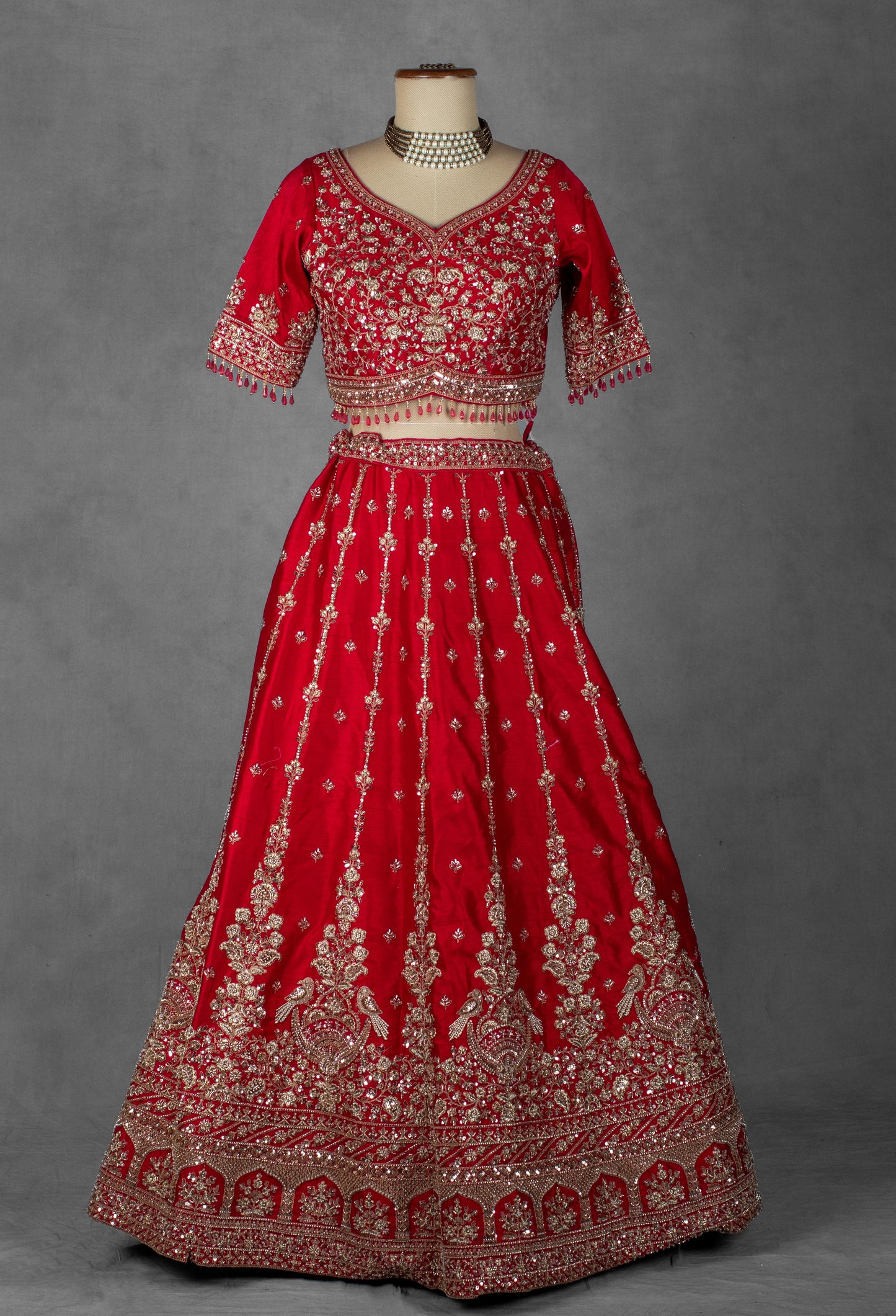Classic Red Hand-Embroidered Bridal Lehenga with Zardosi and Sequin Detailing