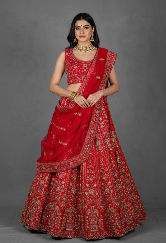 Traditional Red Handcrafted Bridal Lehenga with Intricate Zardosi and Sequin Embroidery