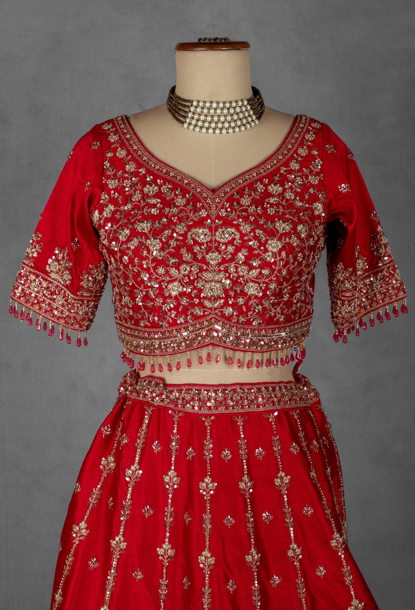 Classic Red Hand-Embroidered Bridal Lehenga with Zardosi and Sequin Detailing
