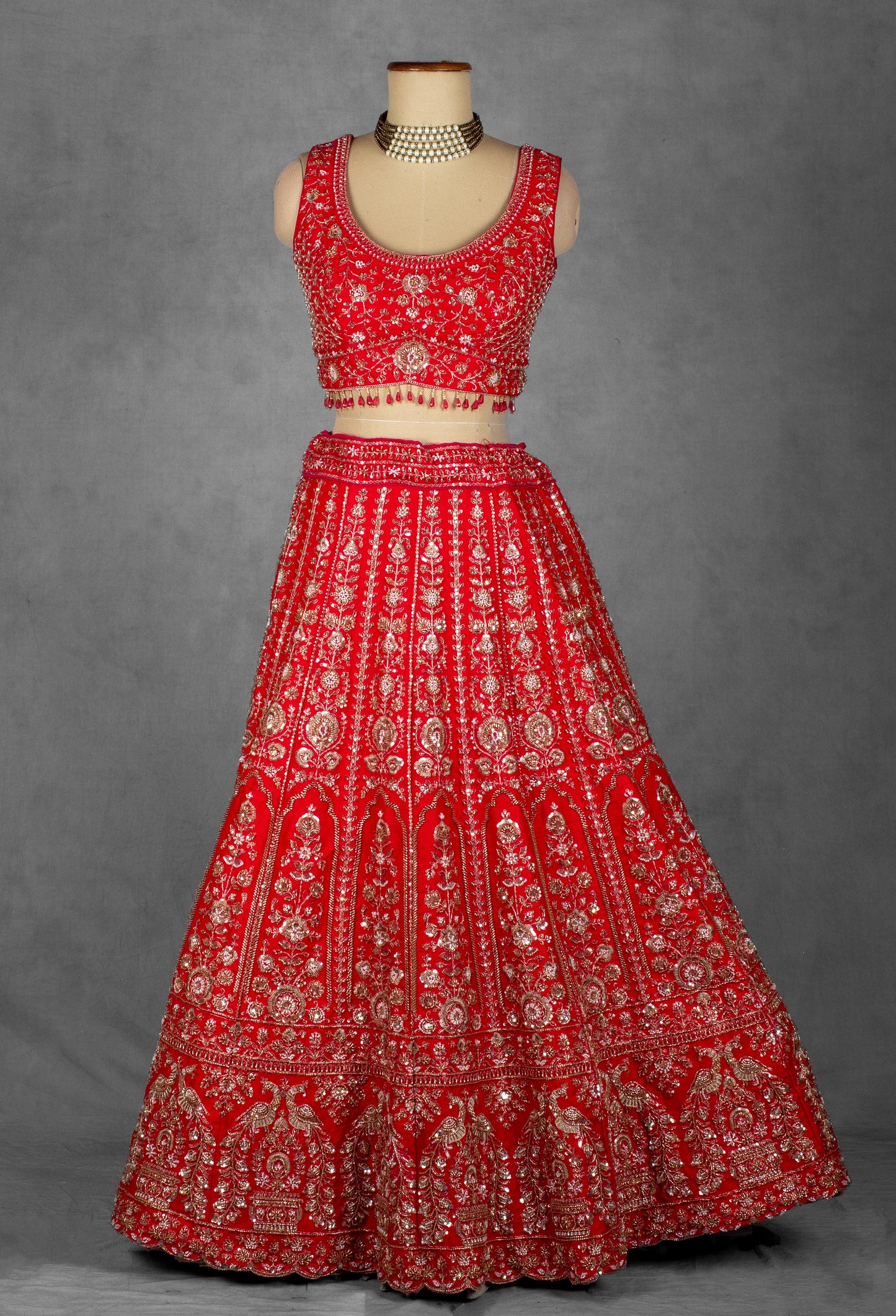 Traditional Red Handcrafted Bridal Lehenga with Intricate Zardosi and Sequin Embroidery