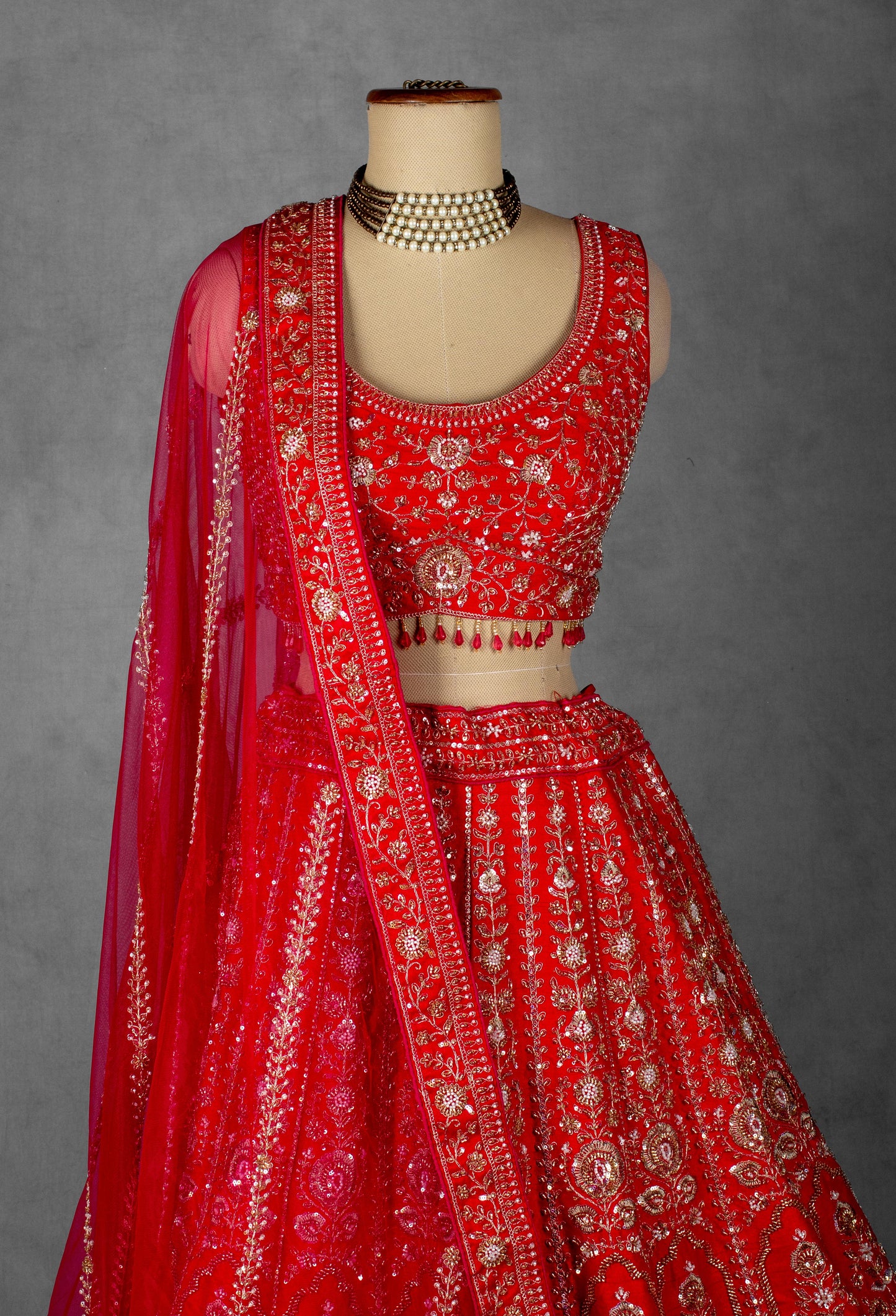 Traditional Red Handcrafted Bridal Lehenga with Intricate Zardosi and Sequin Embroidery