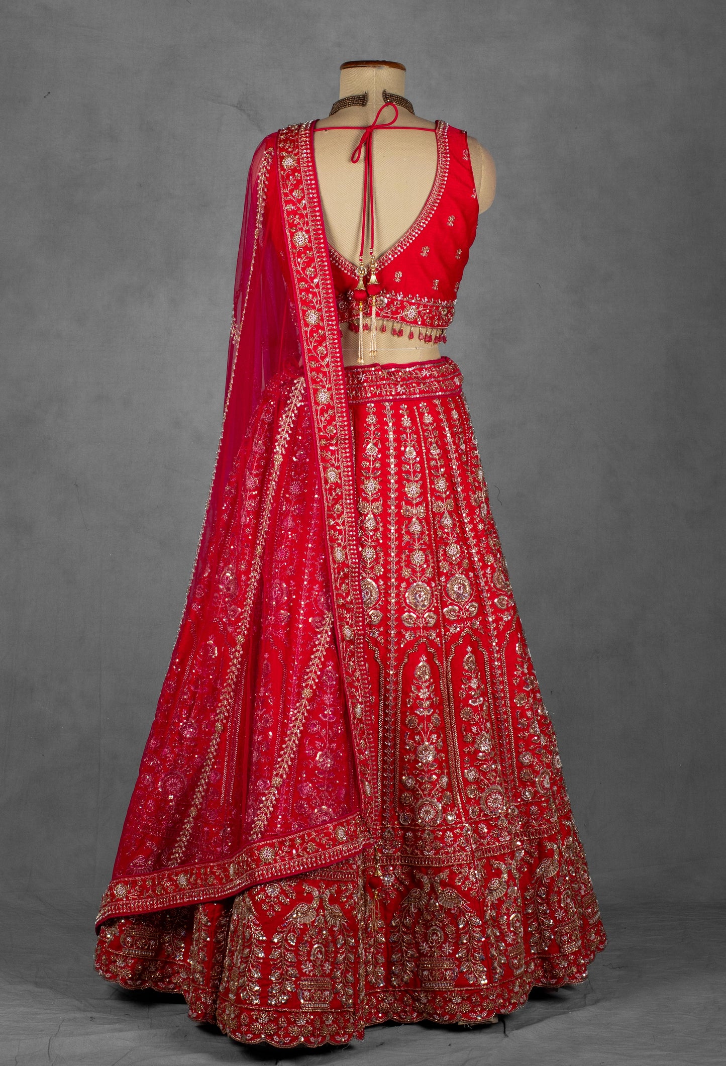 Traditional Red Handcrafted Bridal Lehenga with Intricate Zardosi and Sequin Embroidery