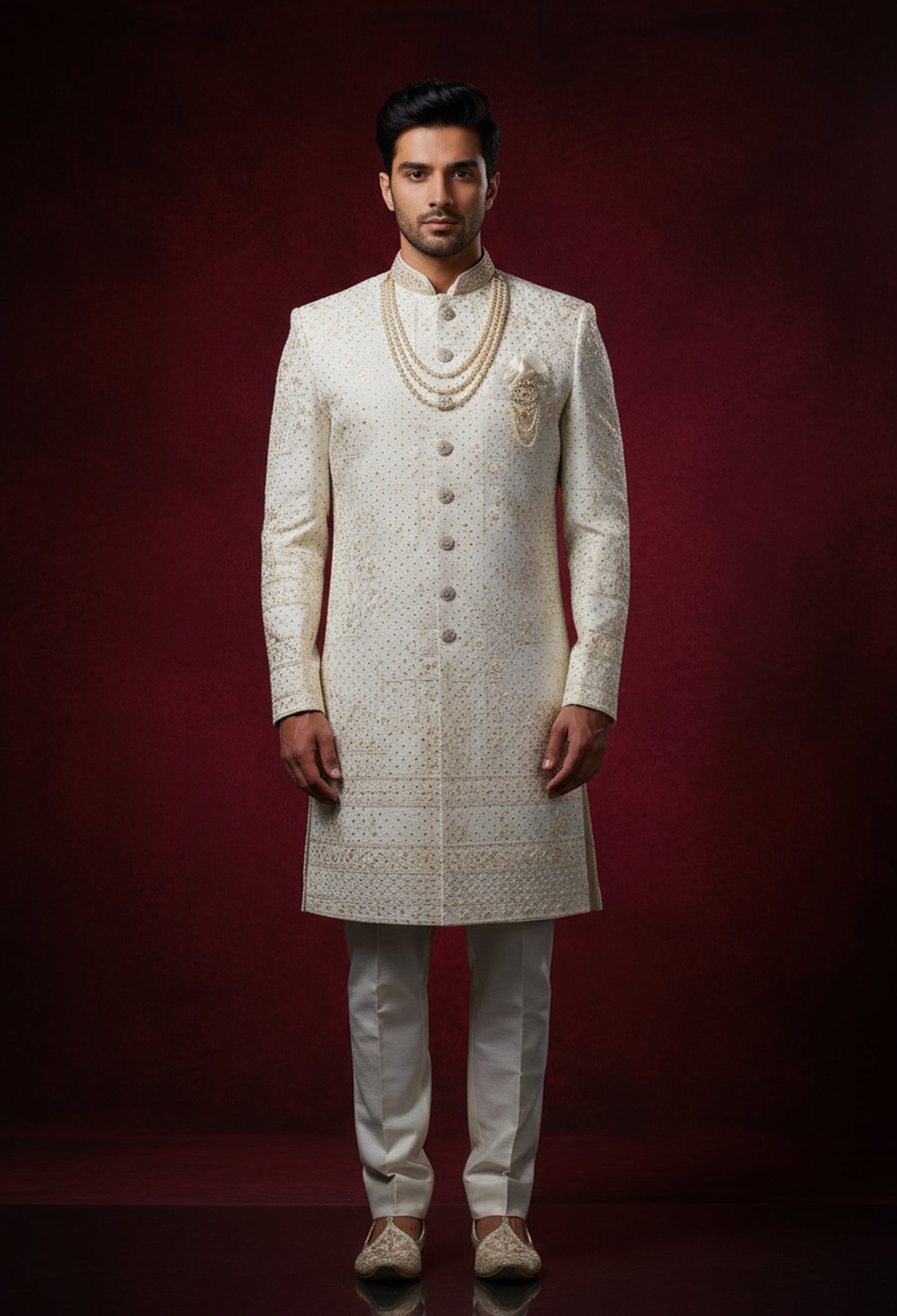Ivory Cream Embroidered Sherwani for Men