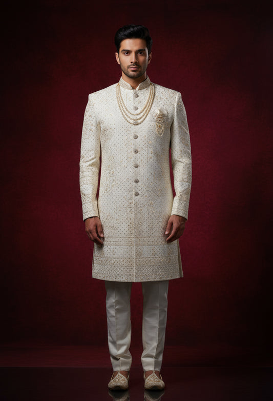 Ivory Cream Embroidered Sherwani for Men