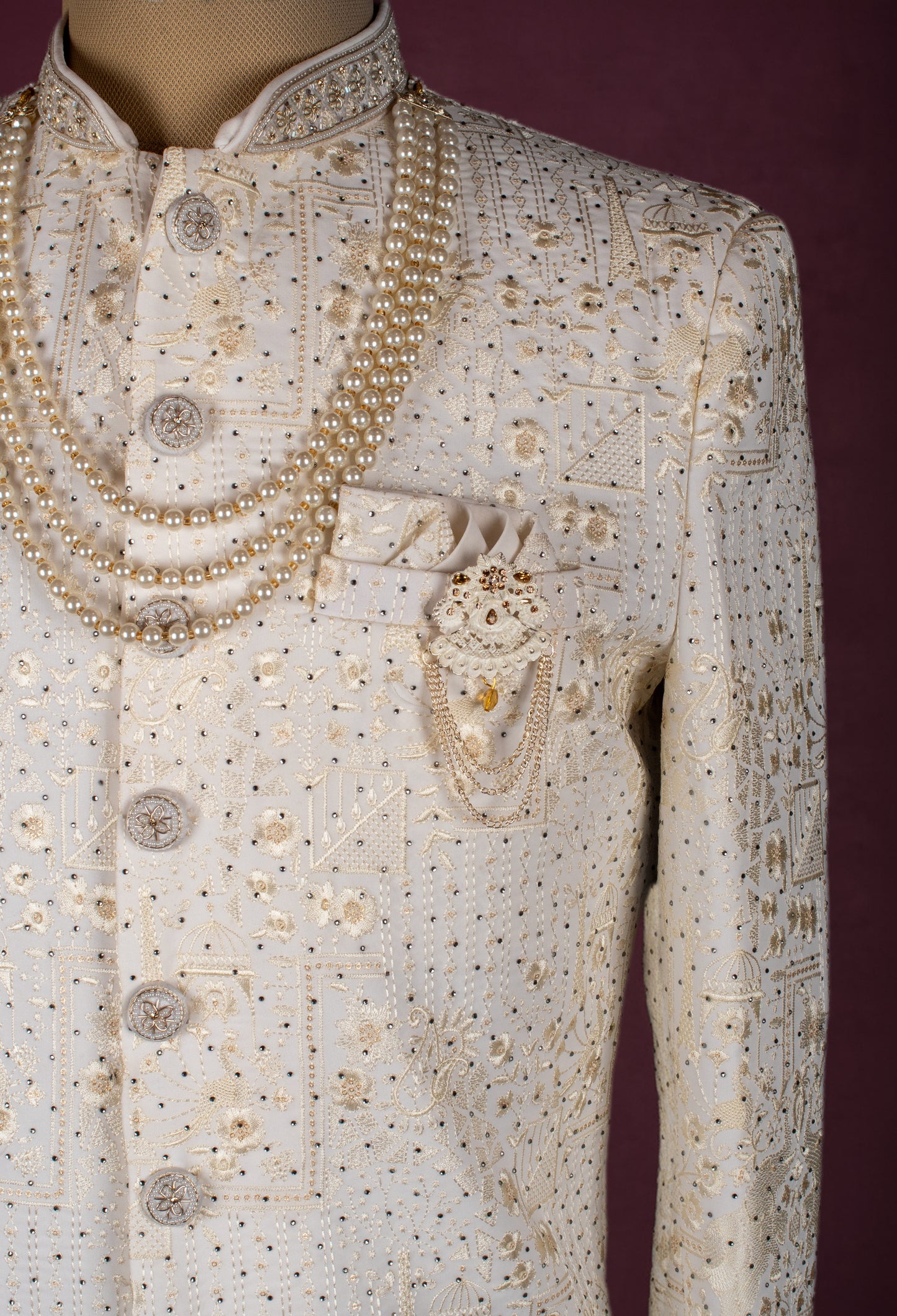 Ivory Cream Embroidered Sherwani for Men