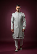 Silver Brocade Embroidered Sherwani for Men