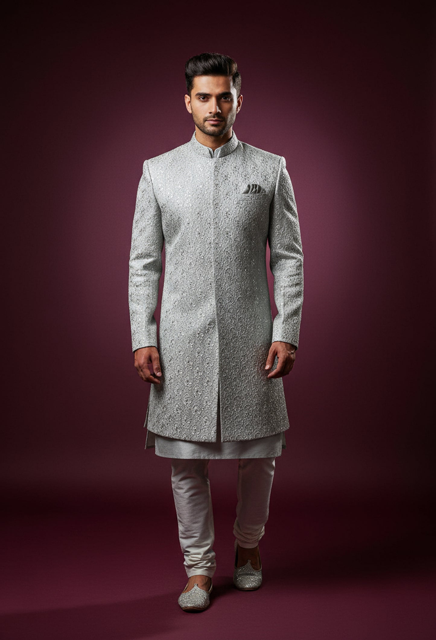 Silver Brocade Embroidered Sherwani for Men
