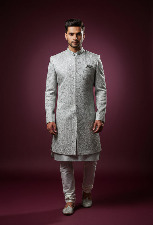 Silver Brocade Embroidered Sherwani for Men