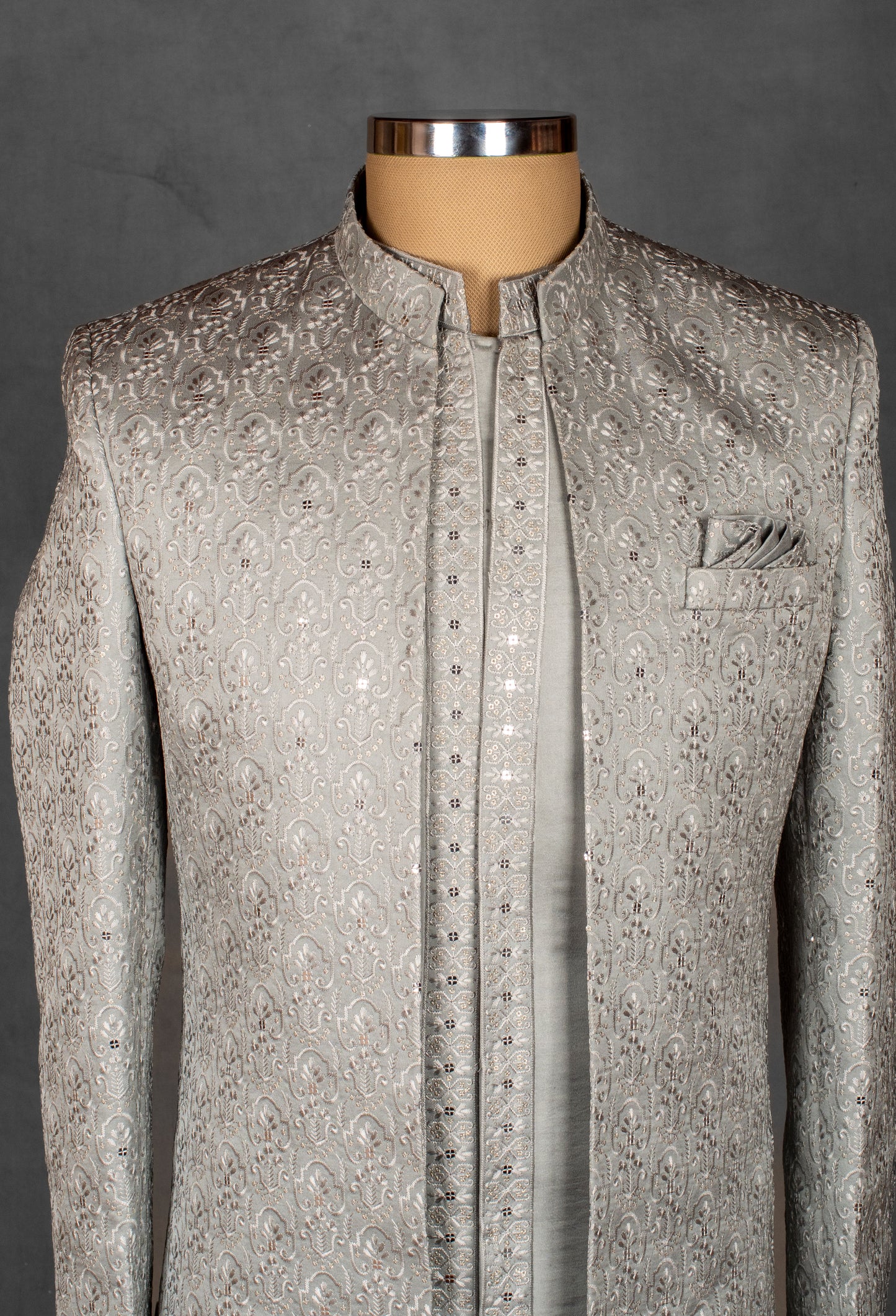 Silver Brocade Embroidered Sherwani for Men