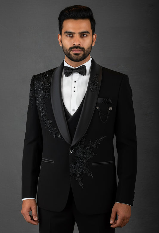 Black designer tuxedo suit for men with embroidered lapel – product image 2
