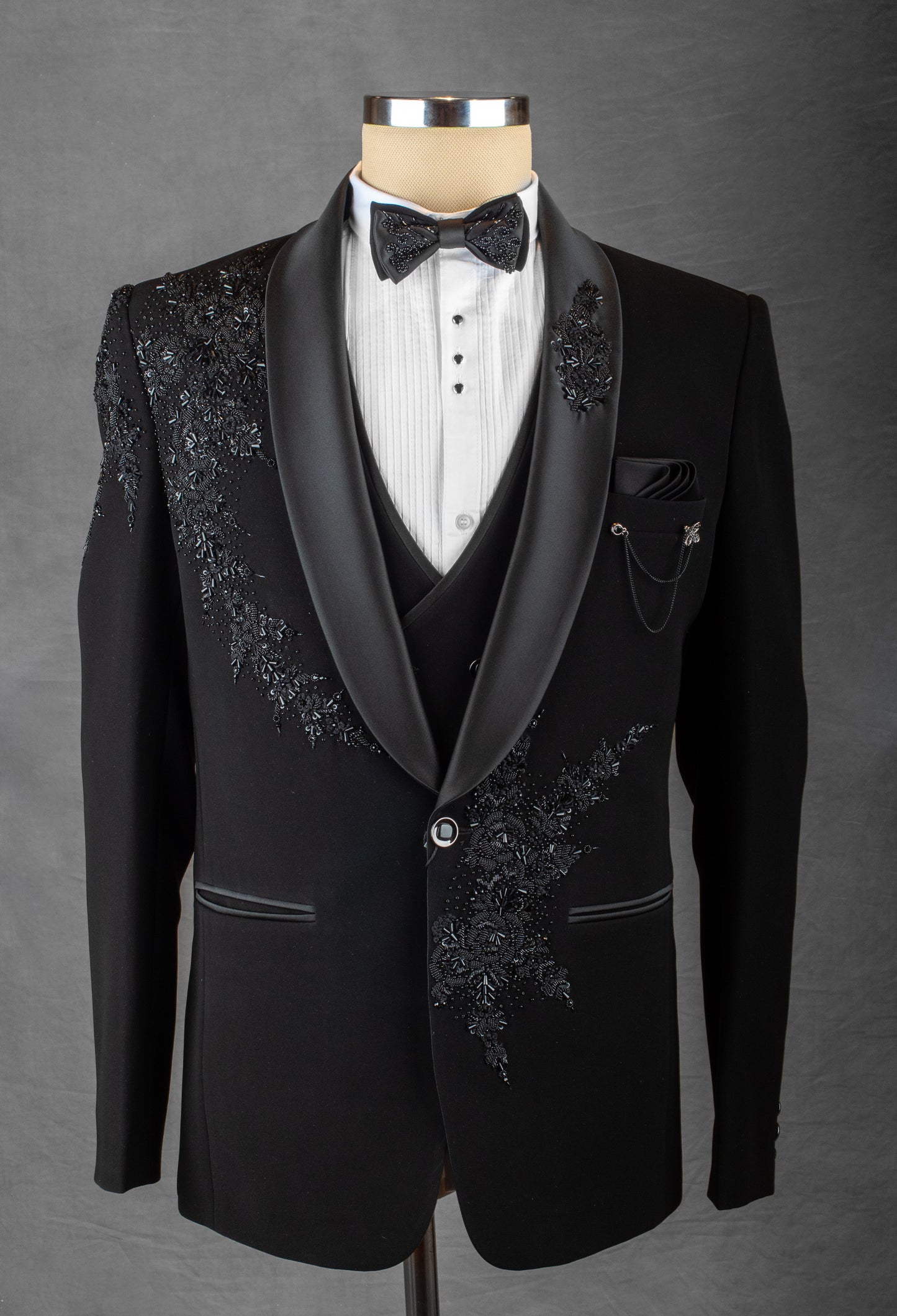 Black Hand-Embroidered Tuxedo Suit for Men – Luxury Reception & Party Wear