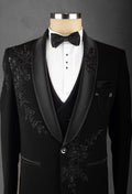 Black Hand-Embroidered Tuxedo Suit for Men – Luxury Reception & Party Wear