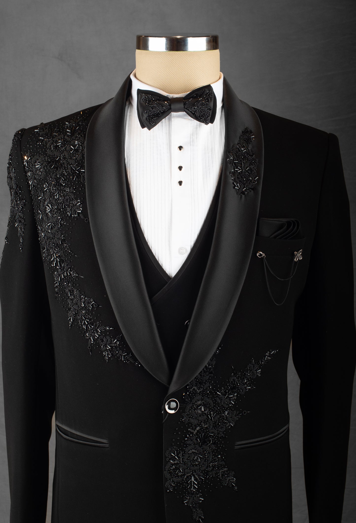 Black Hand-Embroidered Tuxedo Suit for Men – Luxury Reception & Party Wear