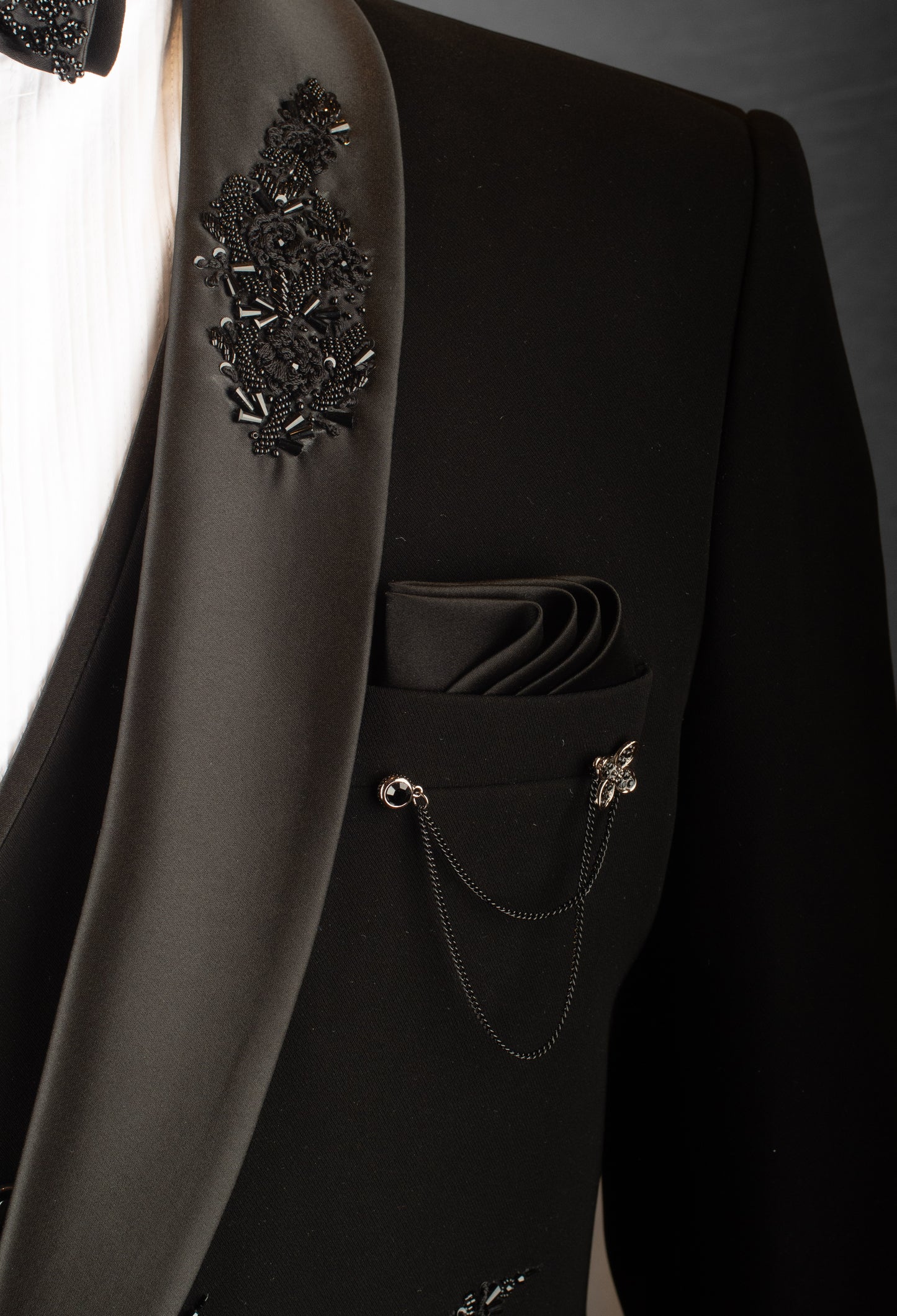 Black Hand-Embroidered Tuxedo Suit for Men – Luxury Reception & Party Wear