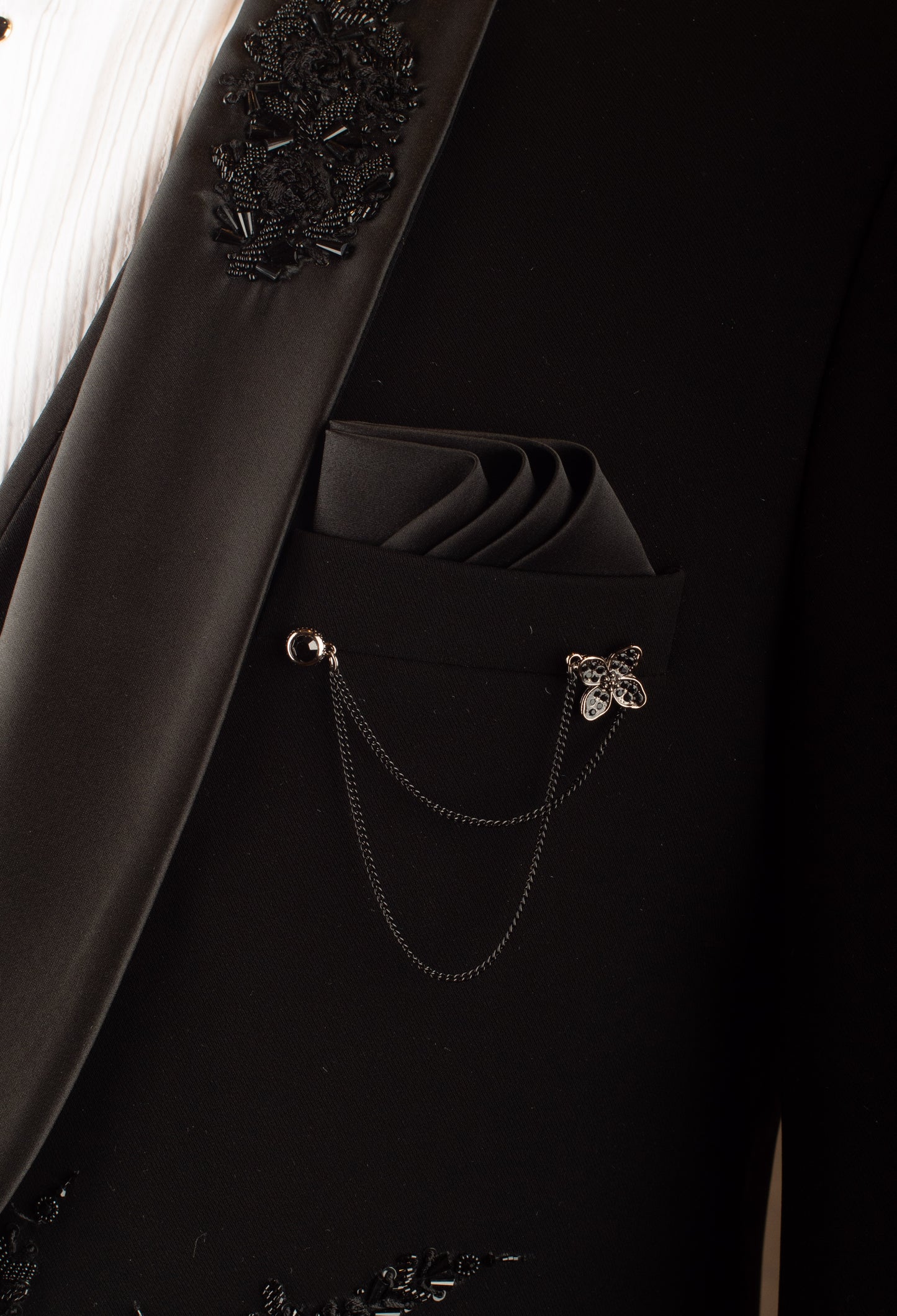 Black Hand-Embroidered Tuxedo Suit for Men – Luxury Reception & Party Wear