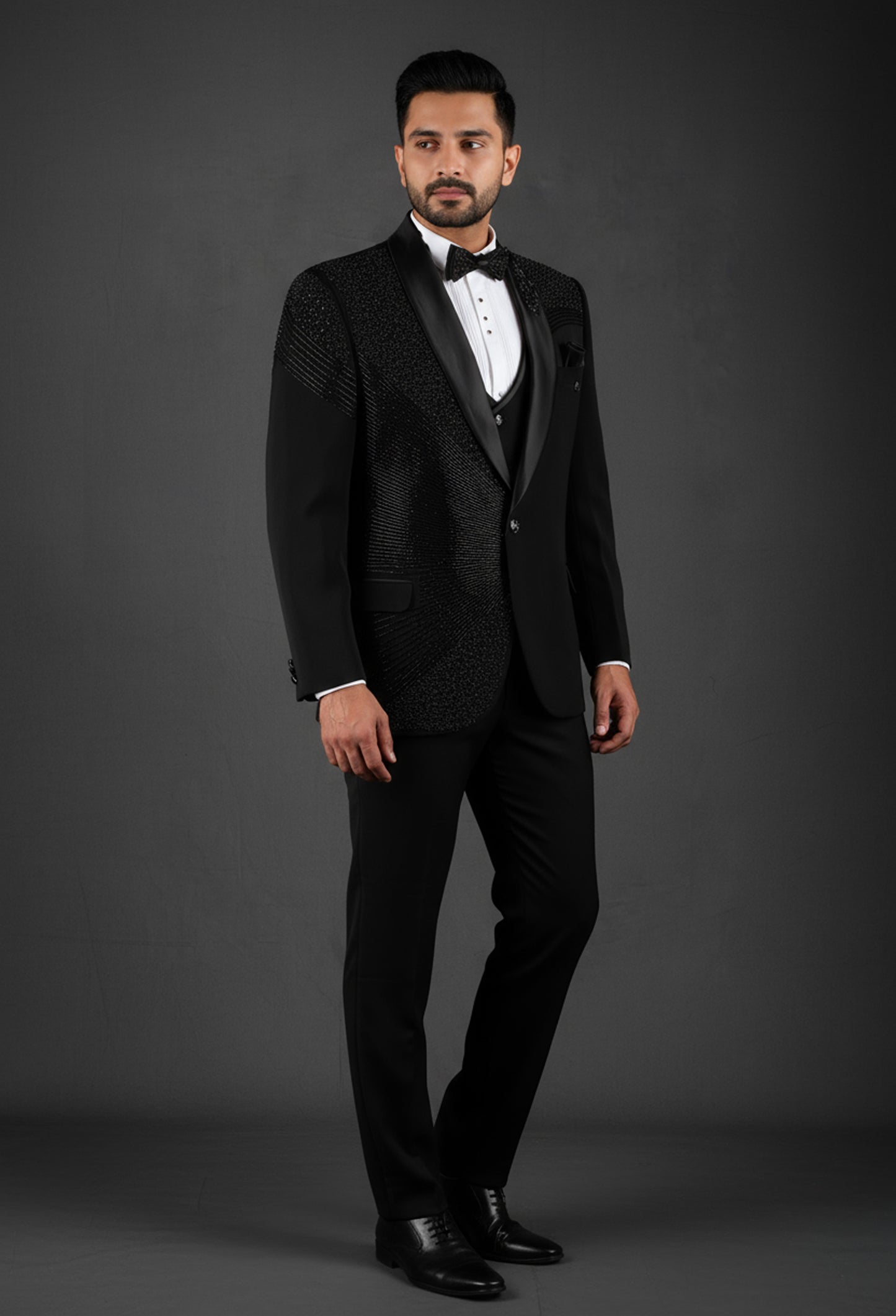 Black Embroidered Tuxedo Suit for Men – Luxury Party & Reception Wear