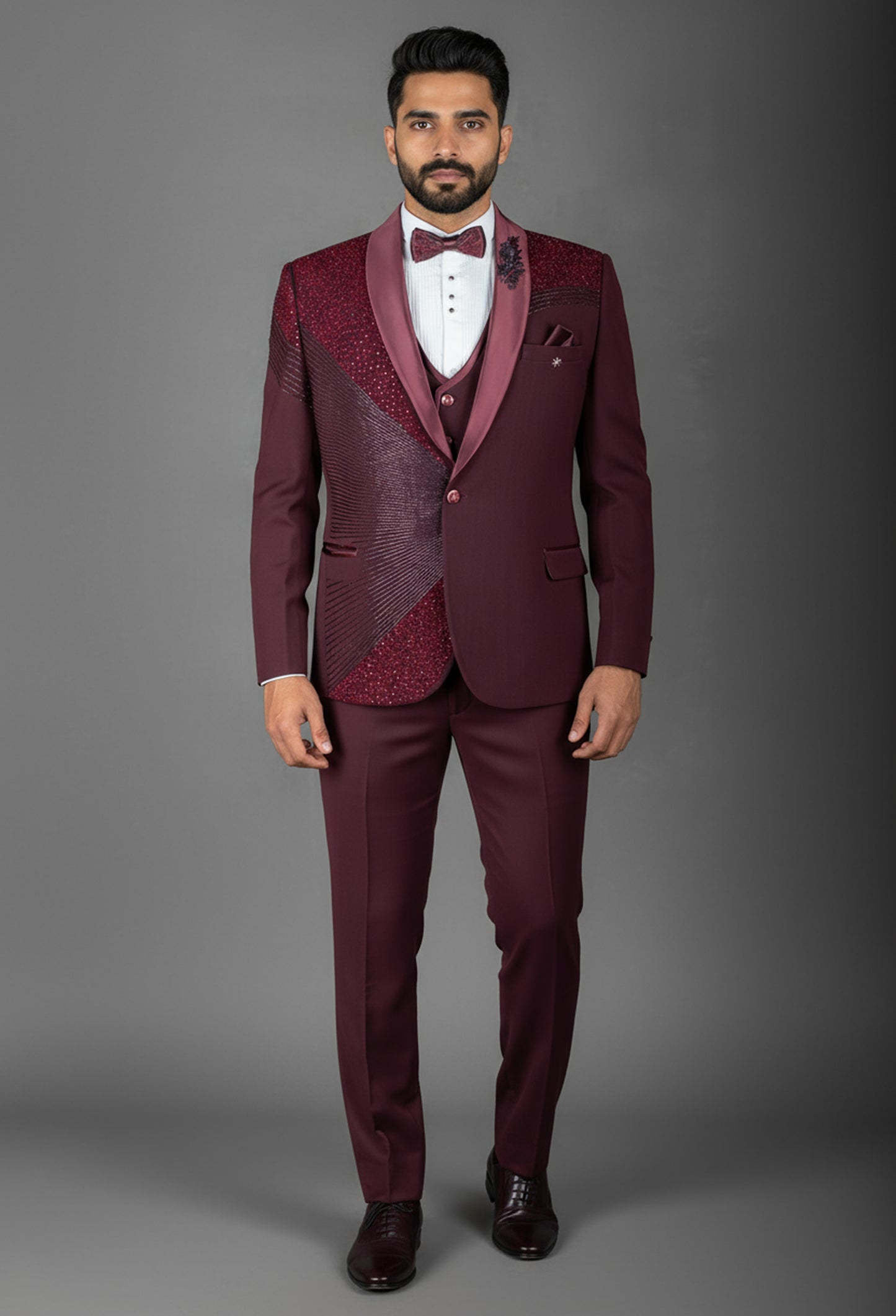Maroon Embroidered Tuxedo Suit for Men – Luxury Wedding & Reception Wear