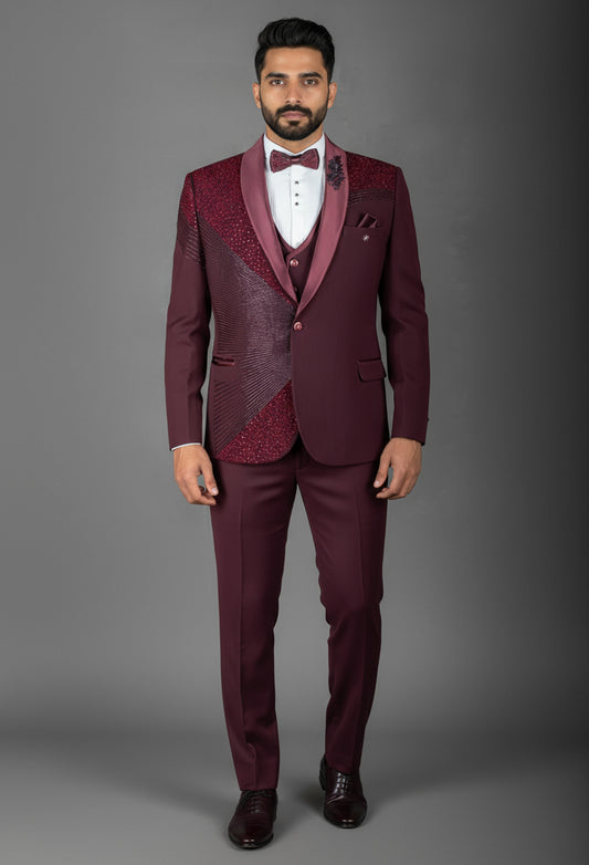 Maroon Embroidered Tuxedo Suit for Men – Luxury Wedding & Reception Wear